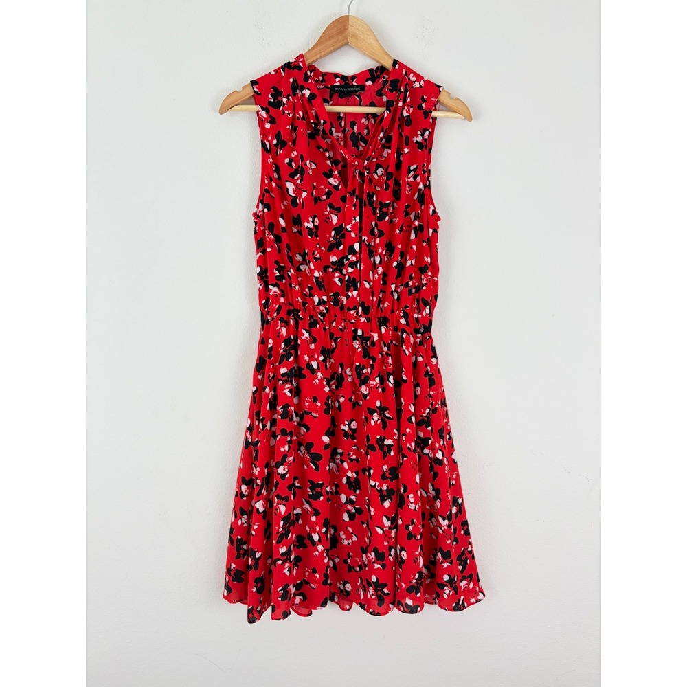 Banana Republic Womens S Red Floral Sleeveless Tie Neck Fit & Flare Dress